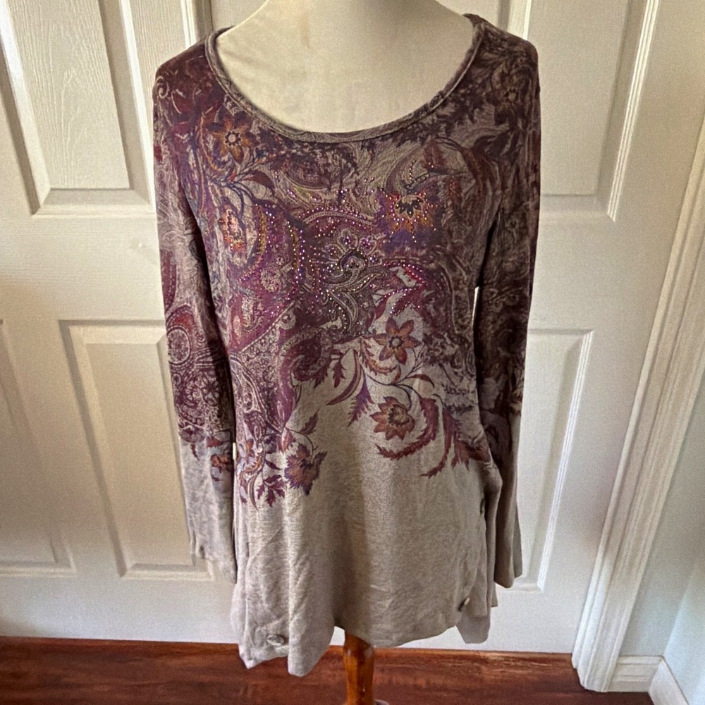 World Unity Paisley Rhinestone Tunic Top Large Asymmetrical Mixed Media Boho